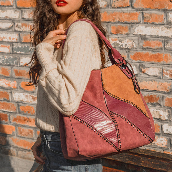 Lavawa Vintage Patchwork Color-block Studs Tote Crossbody Bag Handbag Purse