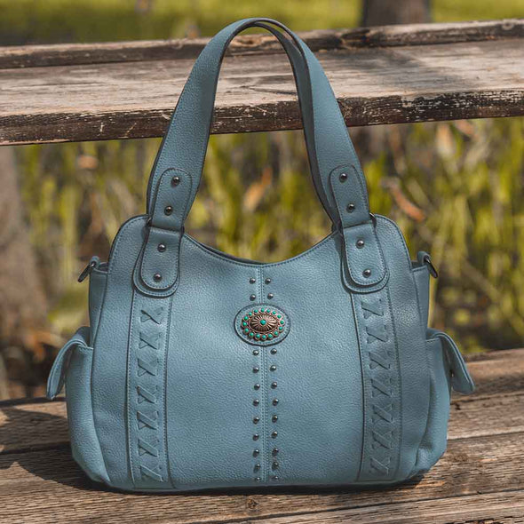 Lavawa Concealed Carry Turquoise Concho Studs Leather Stitch Hobo Set 2pcs