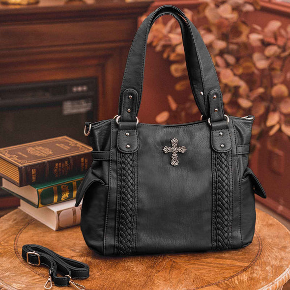 Lavawa Concealed Carry Cross Rhinestone Washed Leather Braided Tote Crossbody Handbag Purse