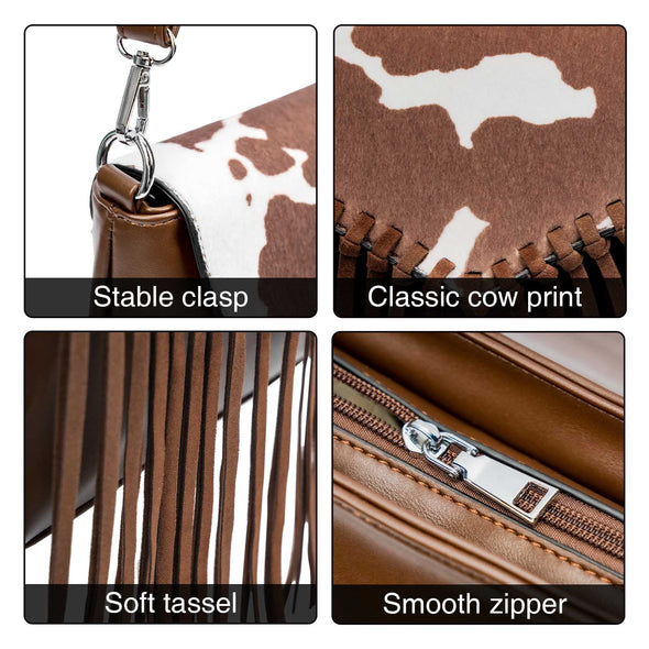 Lavawa Hairon Cow Pattern Fringe Crossbody Bag Handbag Purse