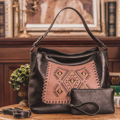 Lavawa Stitch Embroidered Geometric Studs Wallet Hobo Crossbody Bag Handbag Purse Set 2pcs