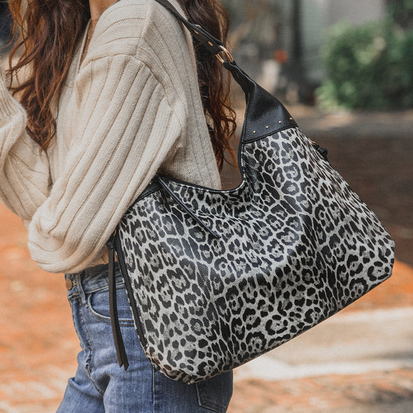 Lavawa Concealed Carry Leopard Pattern Studs Hobo Wallet Shoulder Handbag Purse Set 2pcs