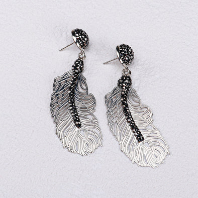 Hollow-out Feather Crystal Rhinestone Glittering Earrings