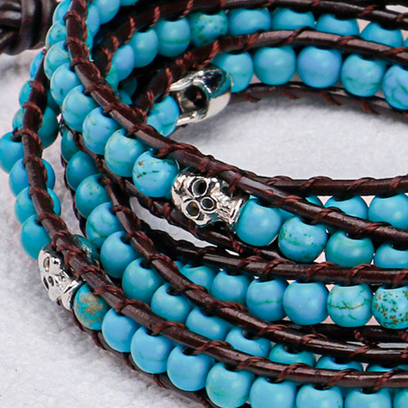 Leather Wrap Handmade Braided Turquoise Skull Adjustable Layered Bracelet