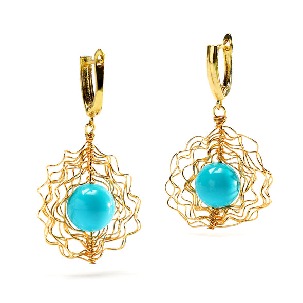 Lavawa Handmade Natural Turquoise Hollow-out Golden Earrings
