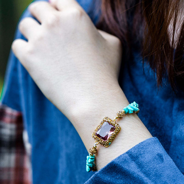 Lavawa Handmade Natural Turquoise Rhinestone Crystal Glittering Bracelet
