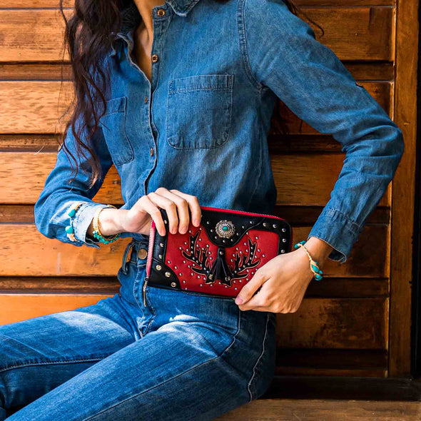 Lavawa Embroidered Color-block Concho Rhinestone Studs Clutch Handbag Purse