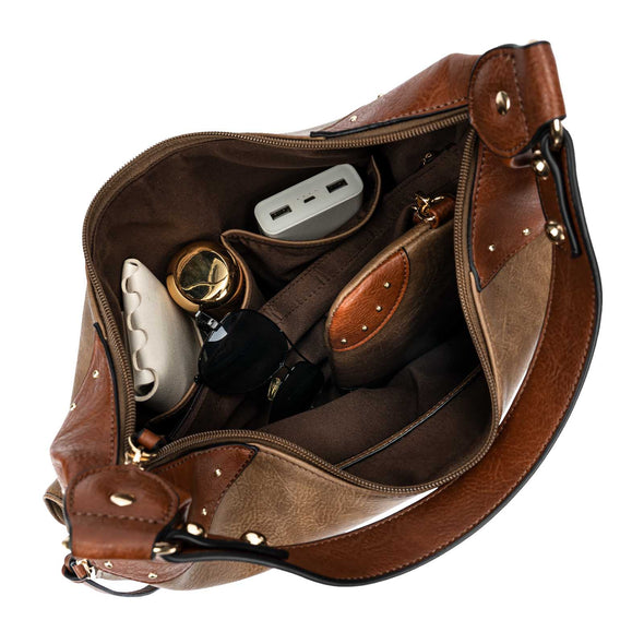 Lavawa Concealed Carry Retro Oil Wax Studs Hobo Wallet Shoulder Handbag Set 2pcs