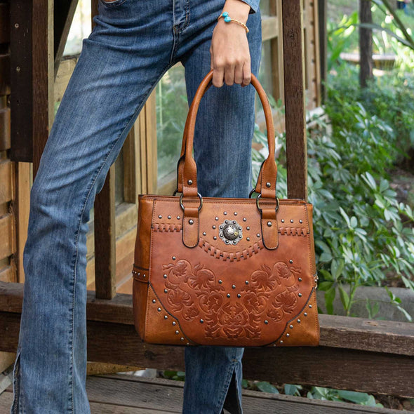 Lavawa Concealed Carry Embossed Concho Studs Tote Handbag Purse