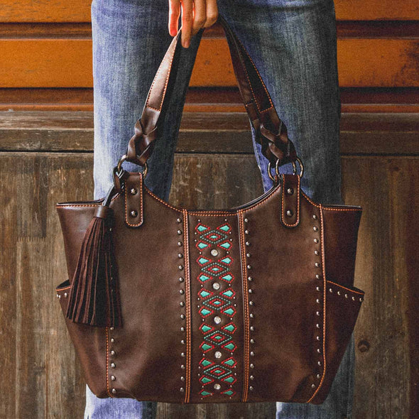 Lavawa Concealed Carry Embroidered Rhinestone Fringe Studs Tote Handbag Purse