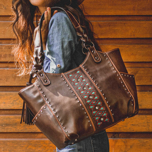 Lavawa Concealed Carry Embroidered Rhinestone Fringe Studs Tote Handbag Purse