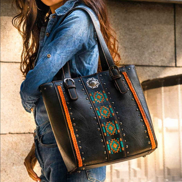 Lavawa Concealed Carry Aztec Embroidered Pattern Studs Stitch Concho Tote Handbag Shoulder Bag Purse