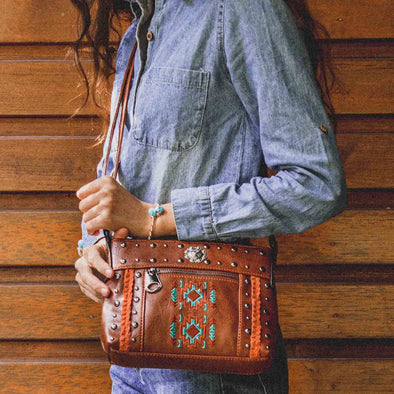 Lavawa Embroidered Aztec Stitch Concho Studs Crossbody Bag Handbag Purse