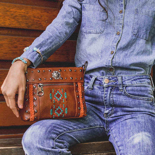 Lavawa Embroidered Aztec Stitch Concho Studs Crossbody Bag Handbag Purse