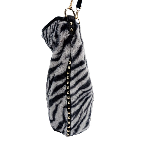 Fluffy Zebra Print Rivet Hobo Crossbody Shoulder Handbag Purse