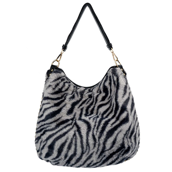 Fluffy Zebra Print Rivet Hobo Crossbody Shoulder Handbag Purse