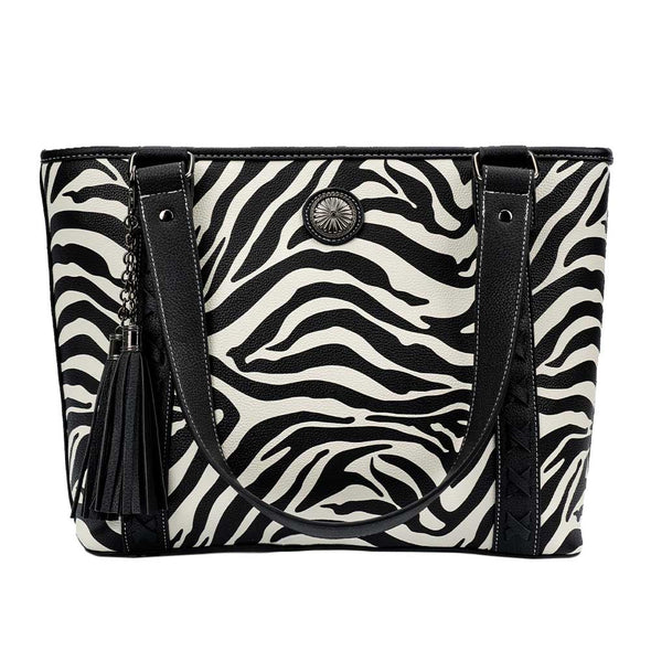 Lavawa Concealed Carry Zebra Print Tassel Concho Leather Stitch Tote Handbag Purse