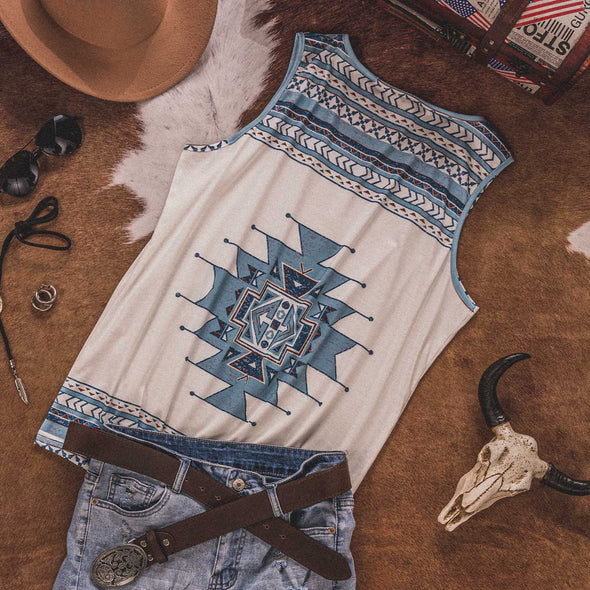 Lavawa Summer New Western Ethnic Style Geometric Print Sleeveless T-shirt Vest Women's Clothes