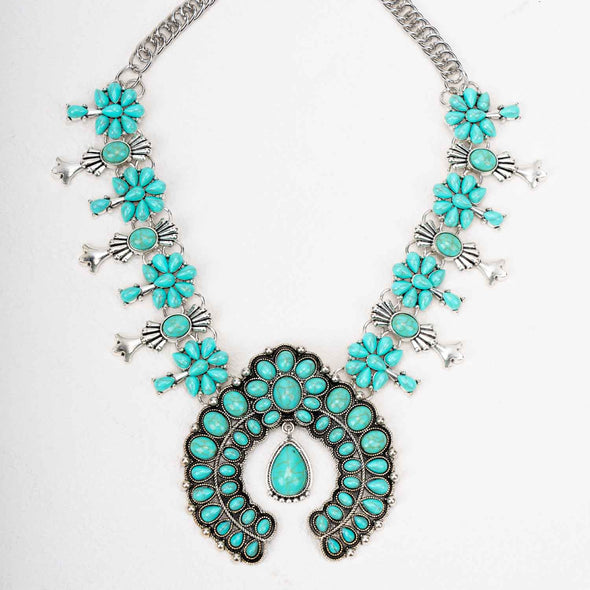Western Turquoise Squash Blossom Statement Necklace