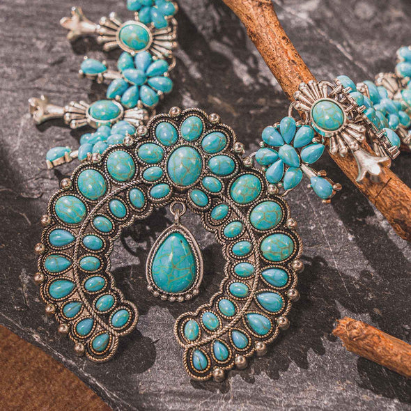 Western Turquoise Squash Blossom Statement Necklace