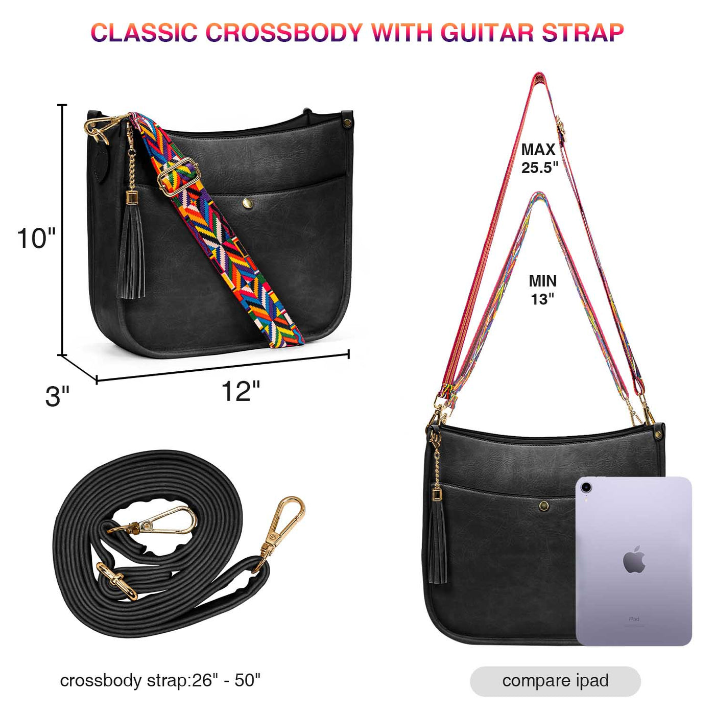 VIEOAGEO Crossbody Bags for Women PU Leather Shoulder Bag Purse with Tassel  Snapshot Camera Bag Wide Guitar Strap Handbags