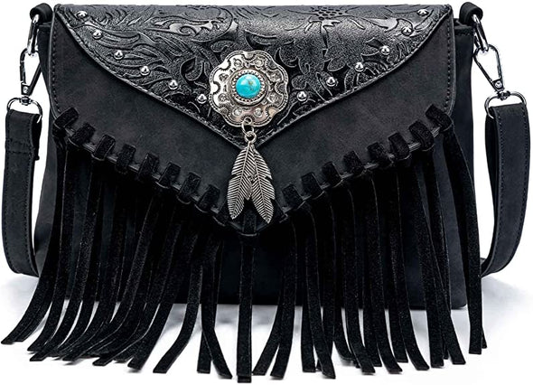Lavawa Embossed Turquoise Concho Fringe Studded Crossbody Bag Handbag Purse
