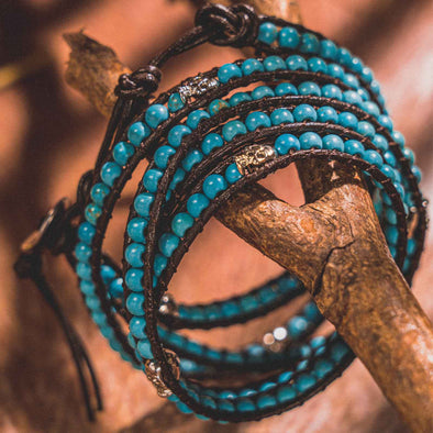 Leather Wrap Handmade Braided Turquoise Skull Adjustable Layered Bracelet