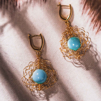 Lavawa Handmade Natural Turquoise Hollow-out Golden Earrings