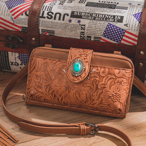 Lavawa Western Embossed Turquoise Crossbody Phone Bag Wallet Purse
